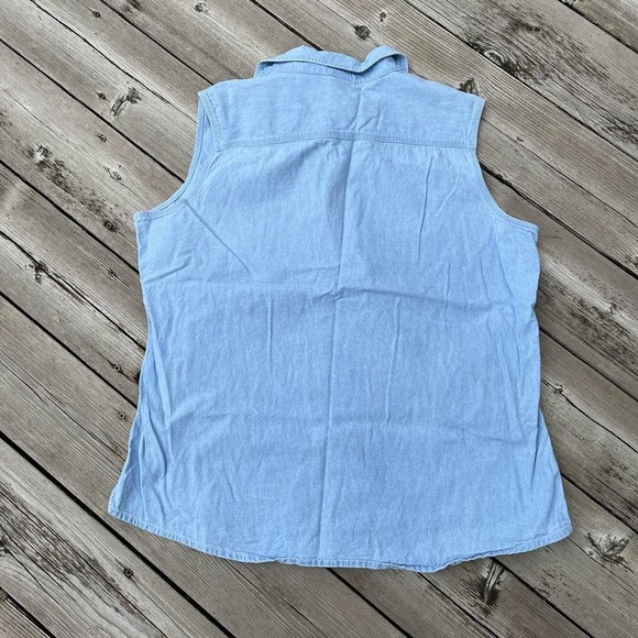 light blue denim sleeveless mickey mouse american flag patched blouse - Picture 2 of 6